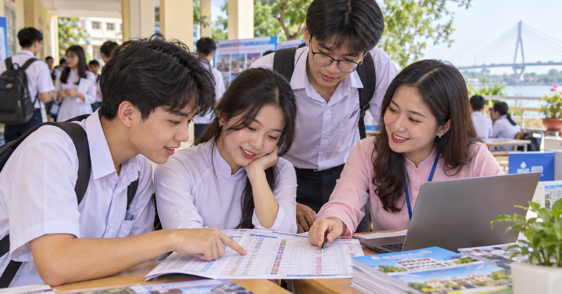 Học sinh và người tư vấn cùng xem bảng ngành, chỉ tiêu, tổ hợp xét tuyển trên tài liệu. Ảnh minh họa.