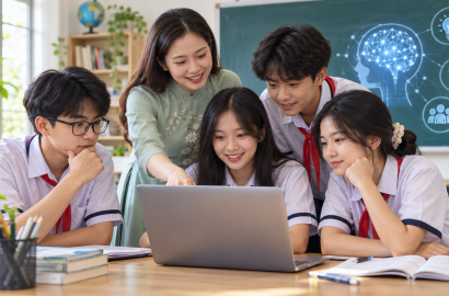 Giáo viên hướng dẫn học sinh tìm hiểu AI trên máy tính trong lớp học, ảnh minh họa