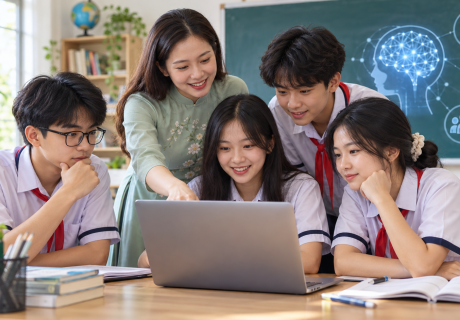 Giáo viên hướng dẫn học sinh tìm hiểu AI trên máy tính trong lớp học, ảnh minh họa