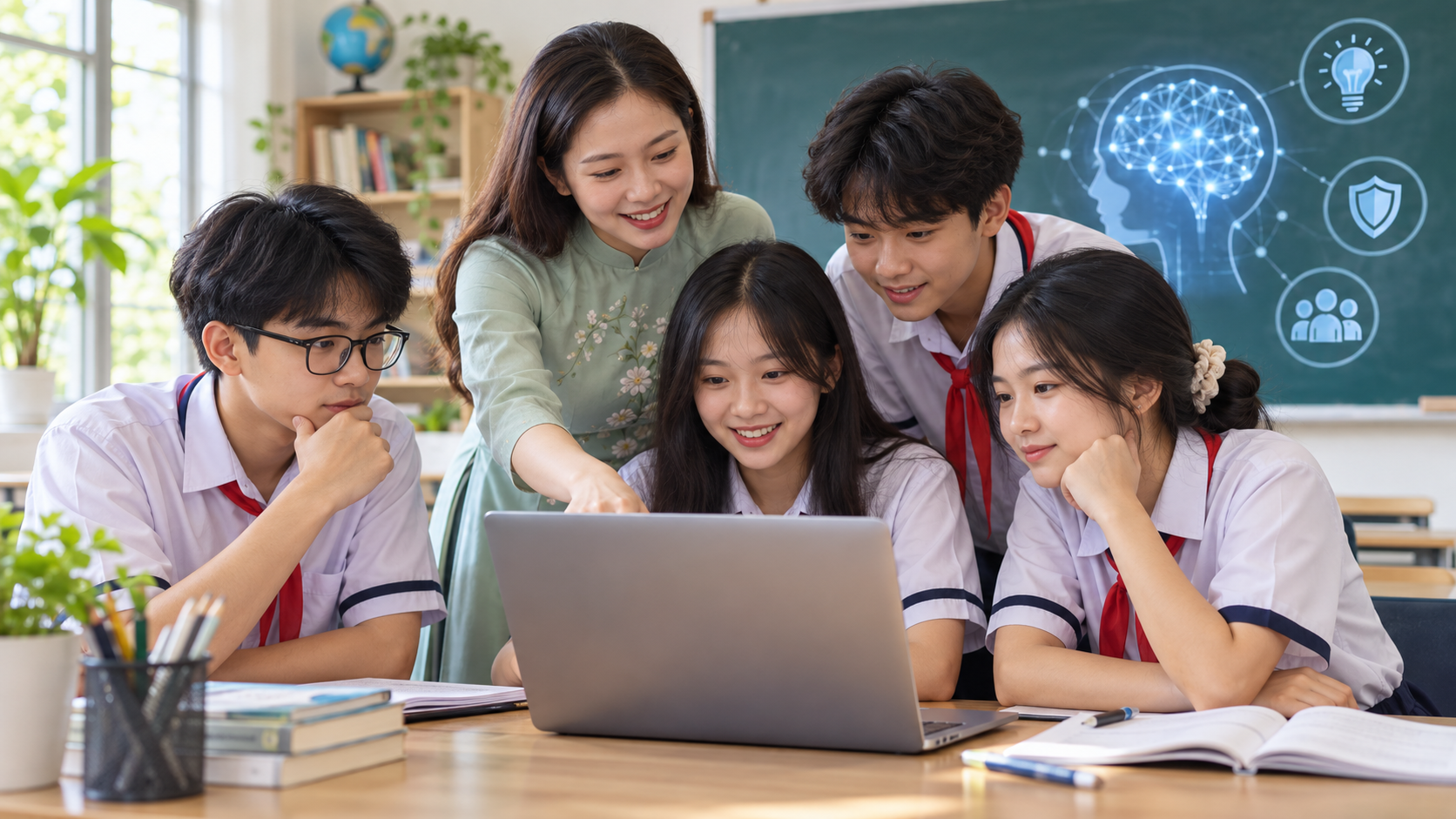 Giáo viên hướng dẫn học sinh tìm hiểu AI trên máy tính trong lớp học, ảnh minh họa