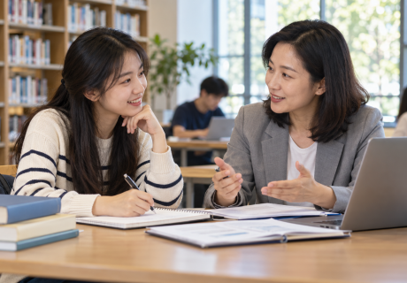 Sinh viên trao đổi thông tin học bổng với người tư vấn tại thư viện, ảnh minh họa