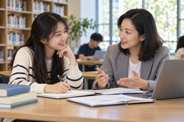 Sinh viên trao đổi thông tin học bổng với người tư vấn tại thư viện, ảnh minh họa