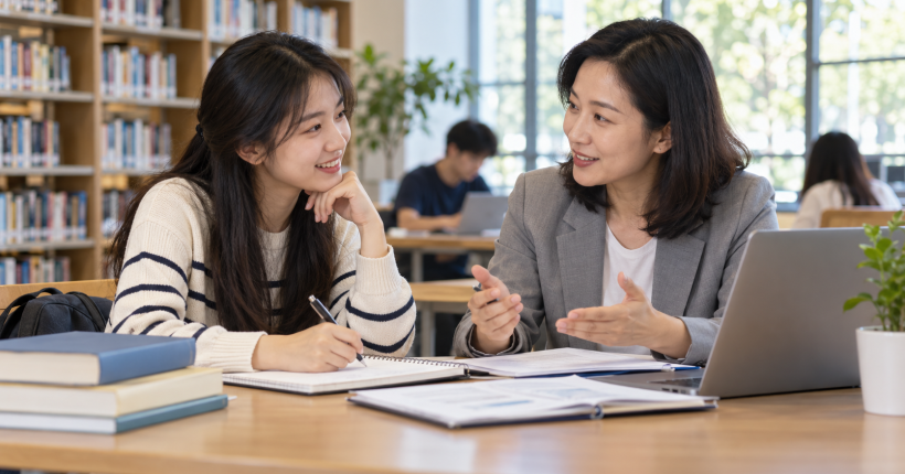 Sinh viên trao đổi thông tin học bổng với người tư vấn tại thư viện, ảnh minh họa
