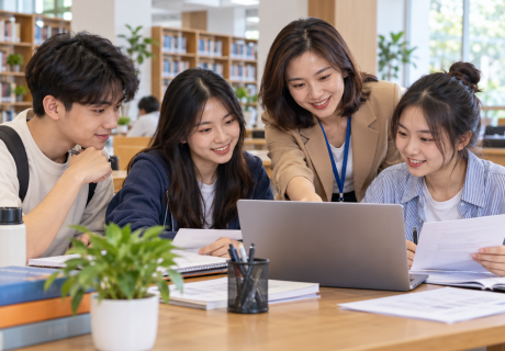 Tân sinh viên trao đổi với người tư vấn về thông tin học bổng trong thư viện. Ảnh minh họa.