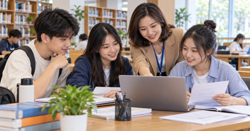 Tân sinh viên trao đổi với người tư vấn về thông tin học bổng trong thư viện. Ảnh minh họa.