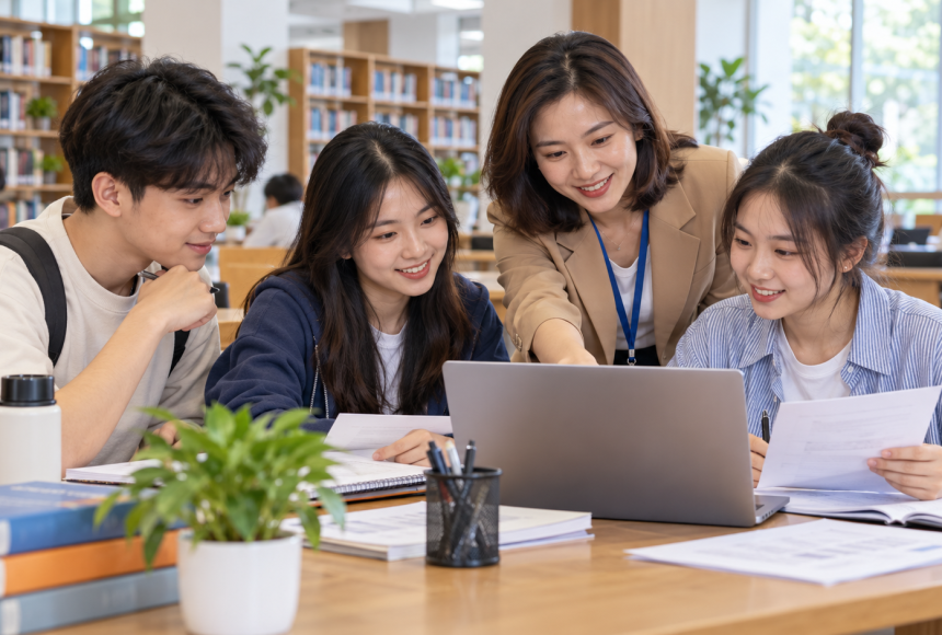 Tân sinh viên trao đổi với người tư vấn về thông tin học bổng trong thư viện. Ảnh minh họa.