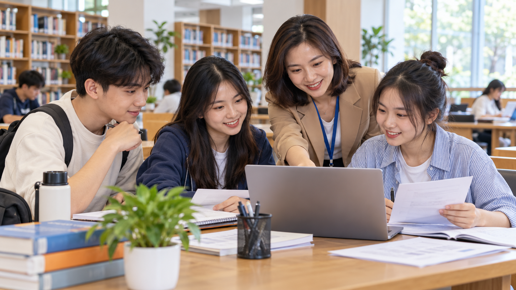Tân sinh viên trao đổi với người tư vấn về thông tin học bổng trong thư viện. Ảnh minh họa.