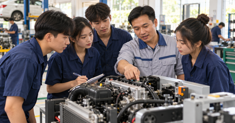 Người học tìm hiểu thiết bị trong xưởng thực hành nghề, ảnh minh họa