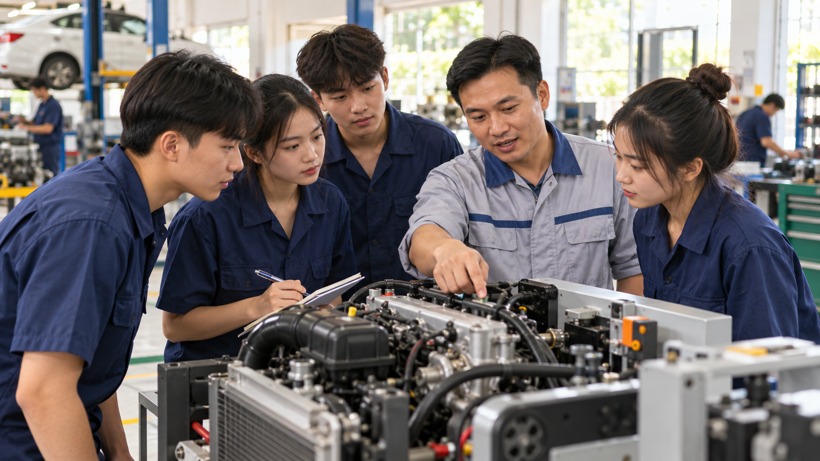 Người học tìm hiểu thiết bị trong xưởng thực hành nghề, ảnh minh họa