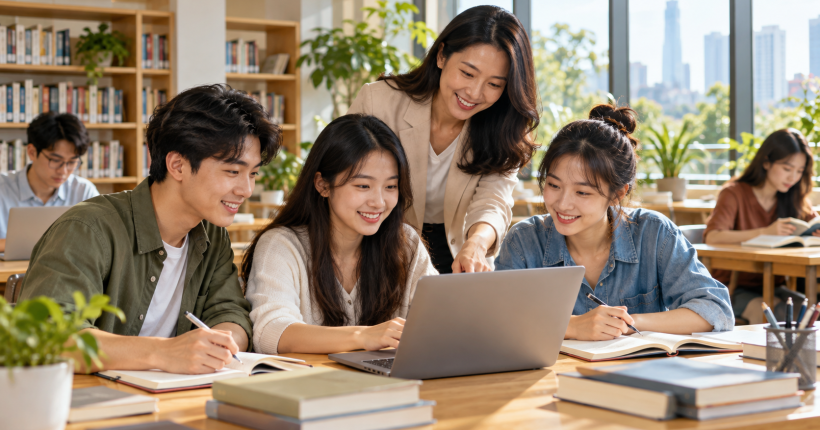 Nhóm người học trao đổi và tự học với máy tính trong thư viện, ảnh minh họa