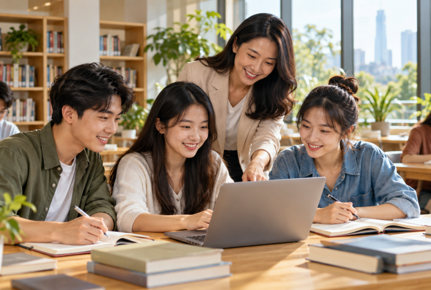 Nhóm người học trao đổi và tự học với máy tính trong thư viện, ảnh minh họa