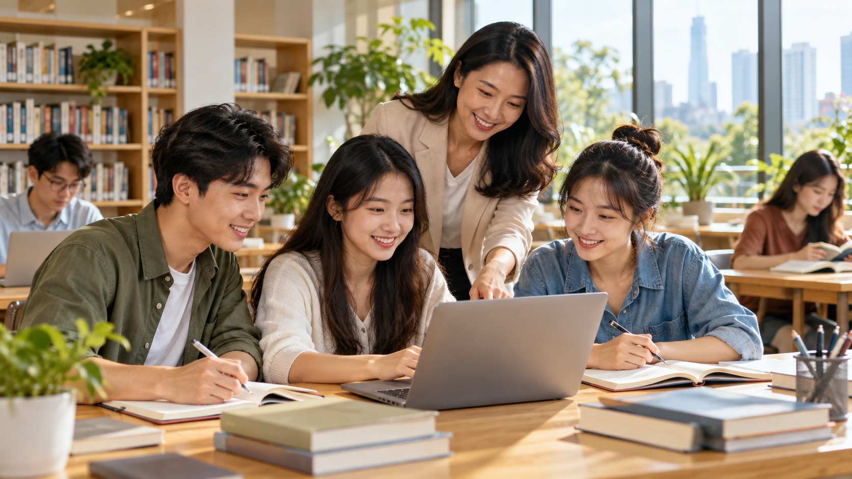 Nhóm người học trao đổi và tự học với máy tính trong thư viện, ảnh minh họa