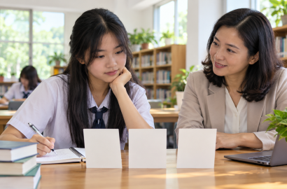 Học sinh trao đổi với người tư vấn và ghi chép khi so sánh các hướng học sau THPT, ảnh minh họa