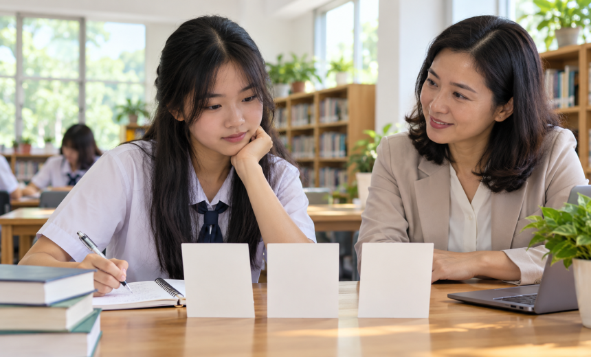 Học sinh trao đổi với người tư vấn và ghi chép khi so sánh các hướng học sau THPT, ảnh minh họa