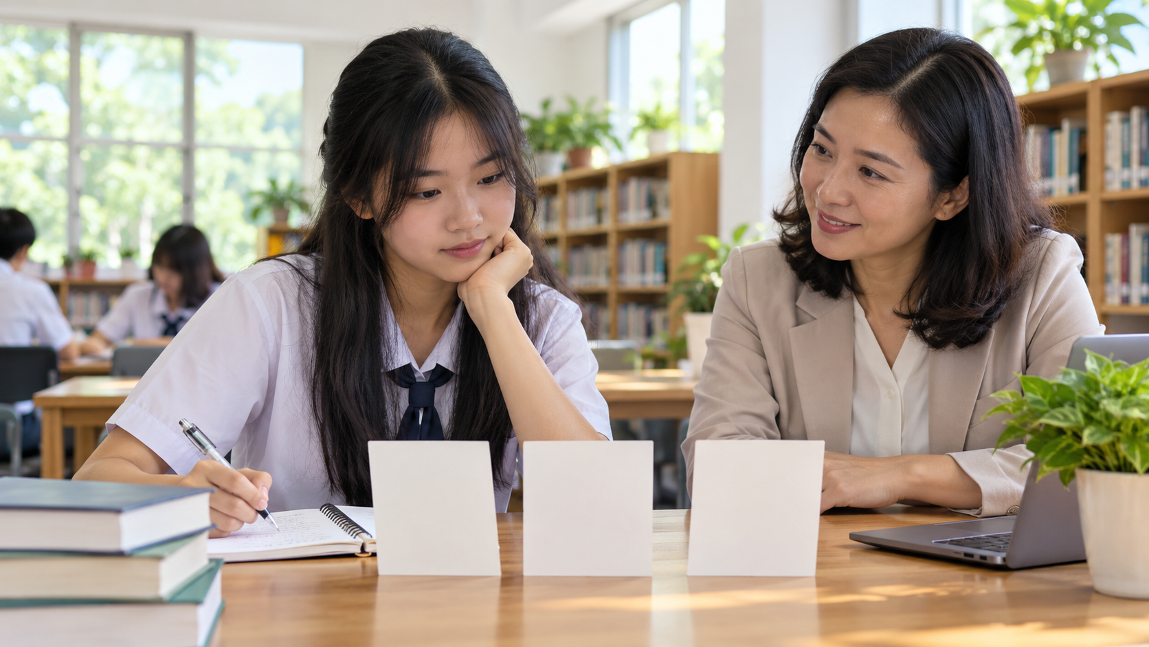Học sinh trao đổi với người tư vấn và ghi chép khi so sánh các hướng học sau THPT, ảnh minh họa