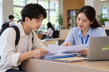 Tân sinh viên trao đổi hồ sơ hỗ trợ học phí tại bàn tư vấn của trường. Ảnh minh họa.