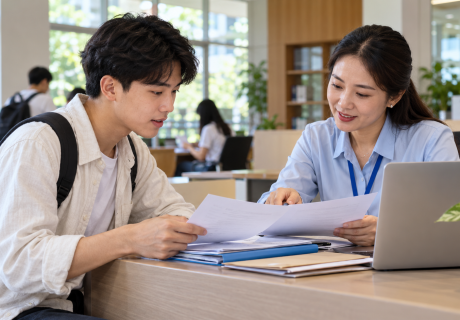 Tân sinh viên trao đổi hồ sơ hỗ trợ học phí tại bàn tư vấn của trường. Ảnh minh họa.