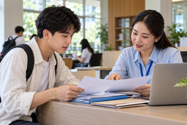 Tân sinh viên trao đổi hồ sơ hỗ trợ học phí tại bàn tư vấn của trường. Ảnh minh họa.
