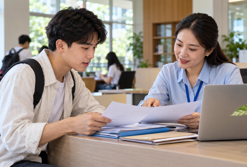 Tân sinh viên trao đổi hồ sơ hỗ trợ học phí tại bàn tư vấn của trường. Ảnh minh họa.