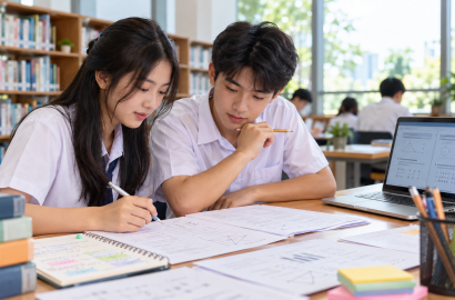 Học sinh cùng ôn tập, xem đề minh họa và ghi chép kế hoạch học tập; ảnh minh họa