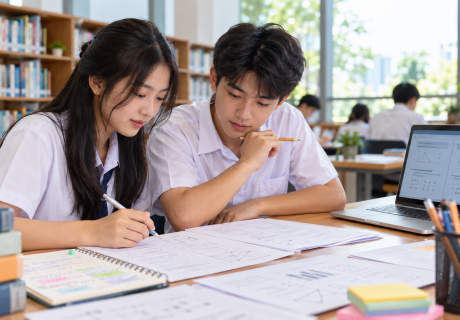 Học sinh cùng ôn tập, xem đề minh họa và ghi chép kế hoạch học tập; ảnh minh họa