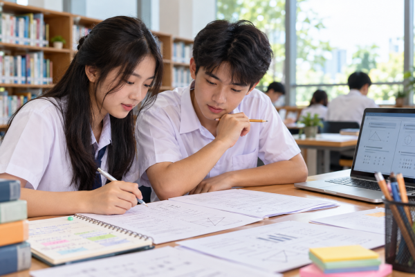 Học sinh cùng ôn tập, xem đề minh họa và ghi chép kế hoạch học tập; ảnh minh họa