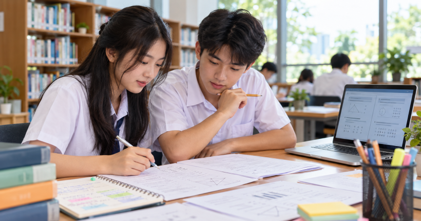 Học sinh cùng ôn tập, xem đề minh họa và ghi chép kế hoạch học tập; ảnh minh họa