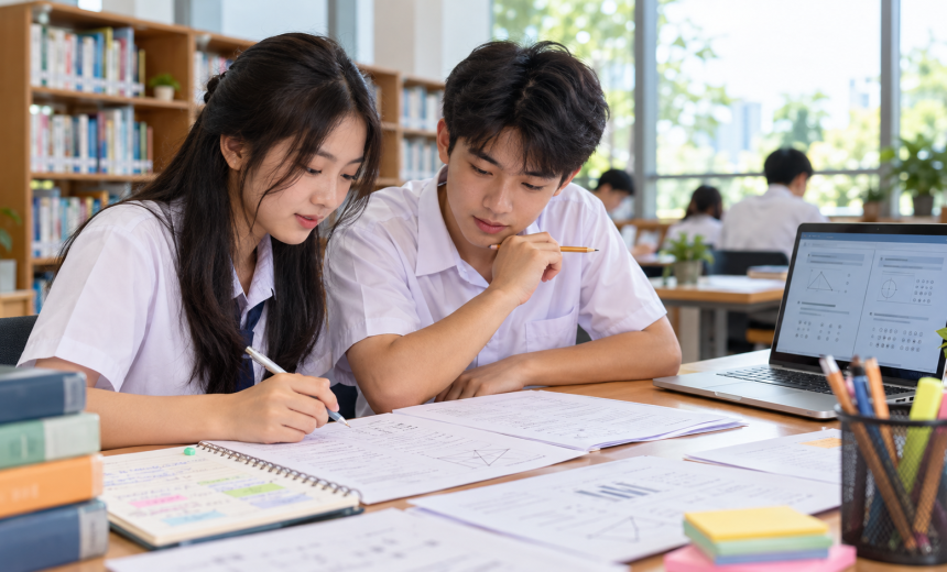 Học sinh cùng ôn tập, xem đề minh họa và ghi chép kế hoạch học tập; ảnh minh họa