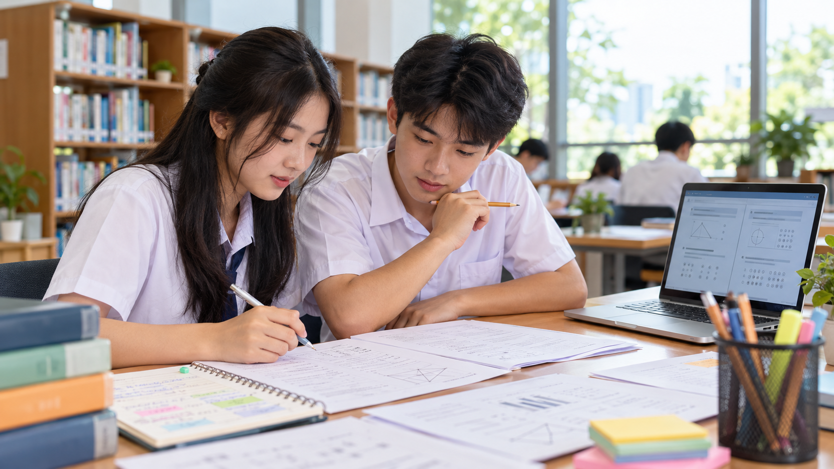 Học sinh cùng ôn tập, xem đề minh họa và ghi chép kế hoạch học tập; ảnh minh họa