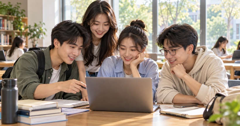 Nhóm tân sinh viên cùng xem thông tin học tập trên máy tính. Ảnh minh họa.