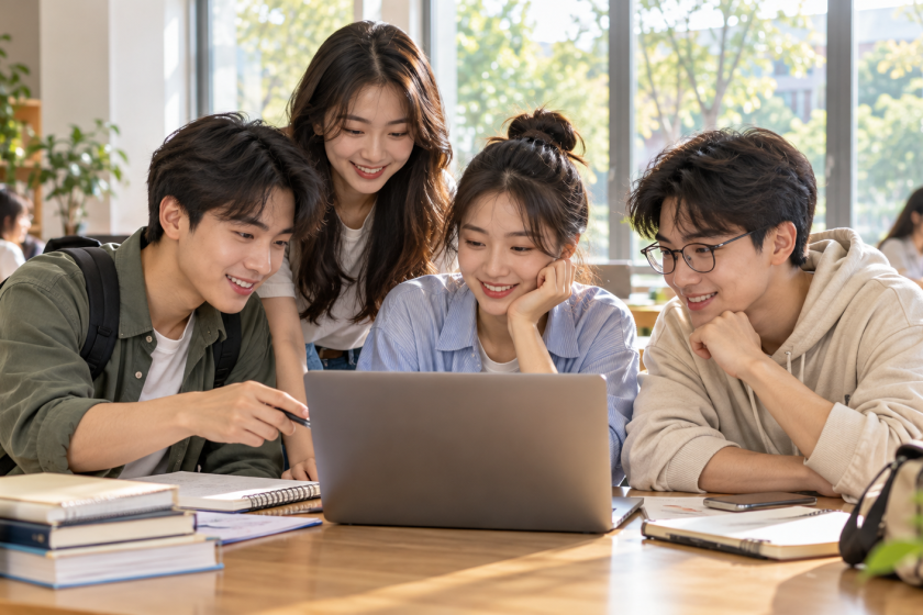 Nhóm tân sinh viên cùng xem thông tin học tập trên máy tính. Ảnh minh họa.