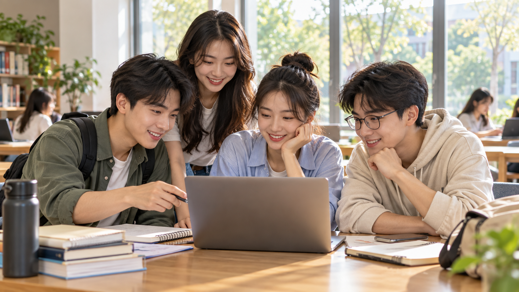 Nhóm tân sinh viên cùng xem thông tin học tập trên máy tính. Ảnh minh họa.