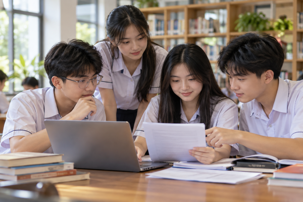 Học sinh cùng xem tài liệu và thông tin kỳ thi trên máy tính, ảnh minh họa
