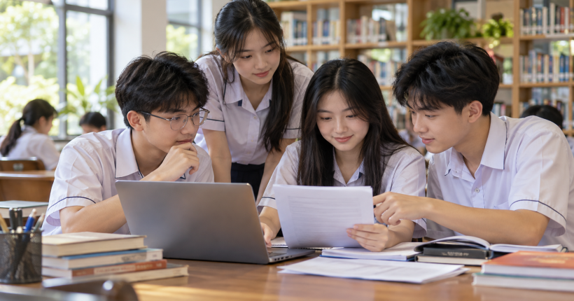 Học sinh cùng xem tài liệu và thông tin kỳ thi trên máy tính, ảnh minh họa