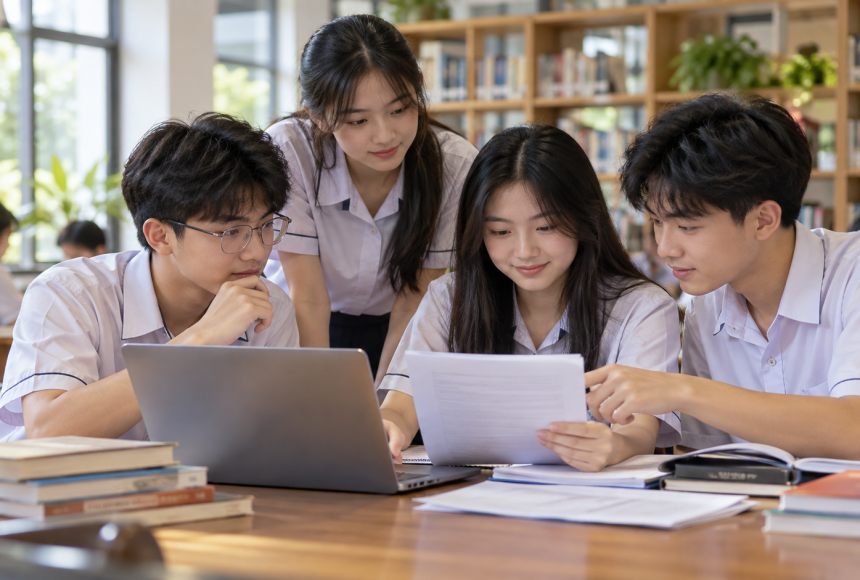 Học sinh cùng xem tài liệu và thông tin kỳ thi trên máy tính, ảnh minh họa