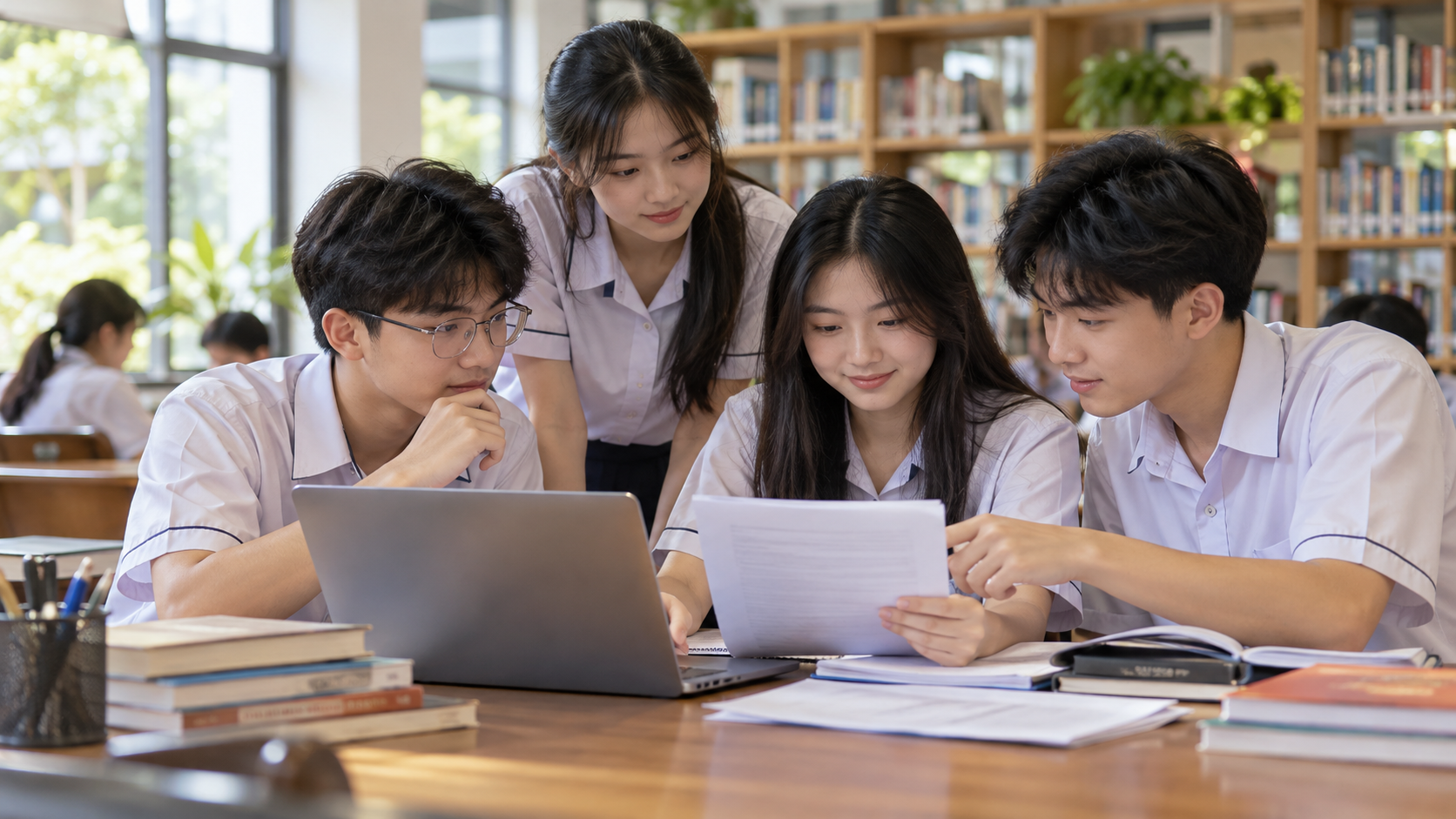 Học sinh cùng xem tài liệu và thông tin kỳ thi trên máy tính, ảnh minh họa