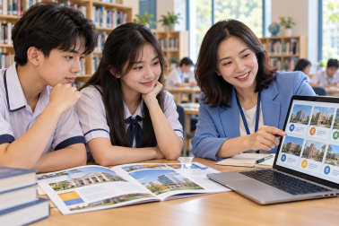 Hai học sinh trao đổi với người tư vấn khi tra cứu thông tin trường và ngành học trên máy tính, ảnh minh họa