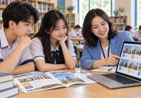 Hai học sinh trao đổi với người tư vấn khi tra cứu thông tin trường và ngành học trên máy tính, ảnh minh họa