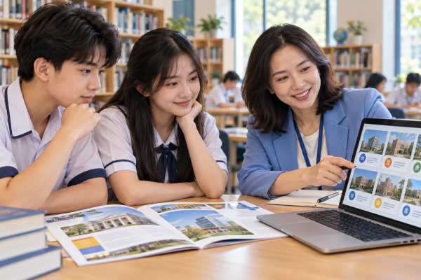 Hai học sinh trao đổi với người tư vấn khi tra cứu thông tin trường và ngành học trên máy tính, ảnh minh họa