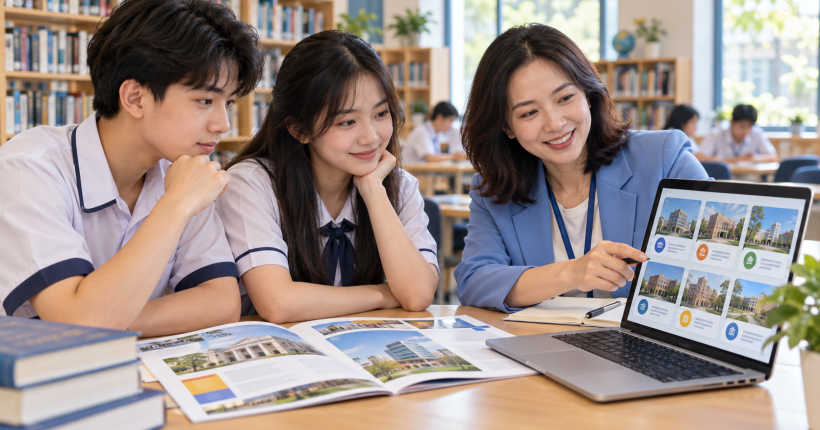 Hai học sinh trao đổi với người tư vấn khi tra cứu thông tin trường và ngành học trên máy tính, ảnh minh họa