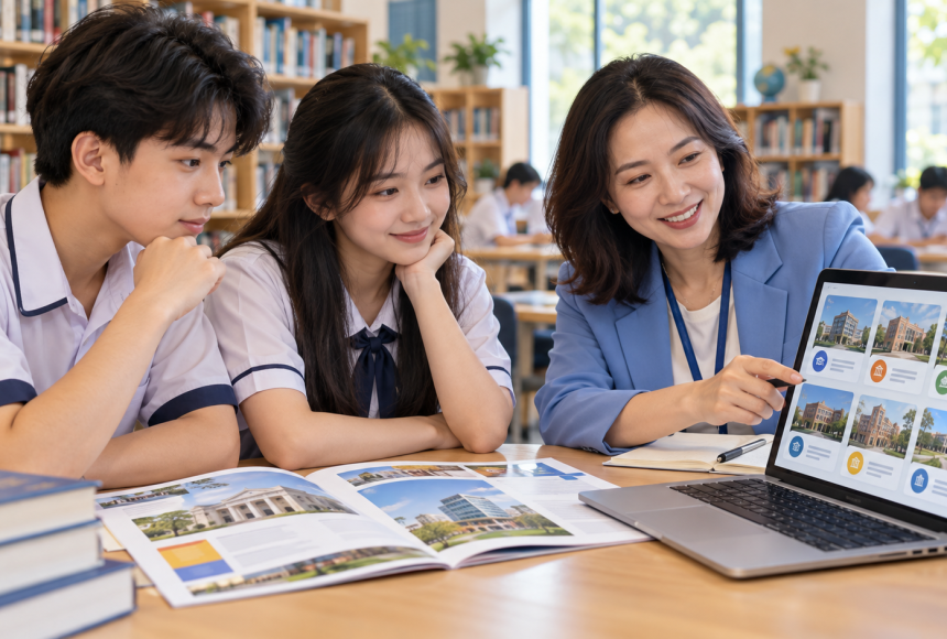 Hai học sinh trao đổi với người tư vấn khi tra cứu thông tin trường và ngành học trên máy tính, ảnh minh họa