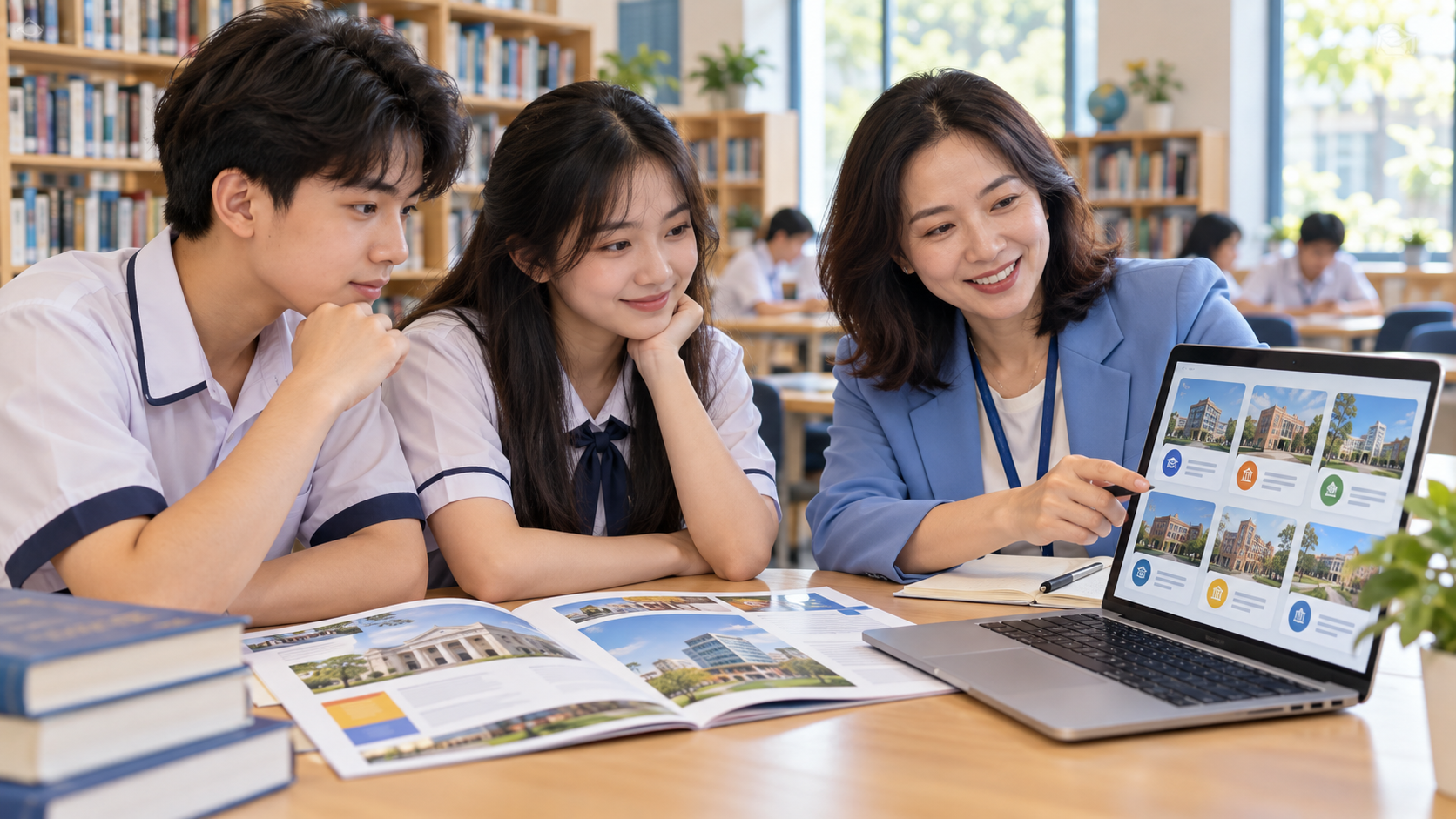 Hai học sinh trao đổi với người tư vấn khi tra cứu thông tin trường và ngành học trên máy tính, ảnh minh họa