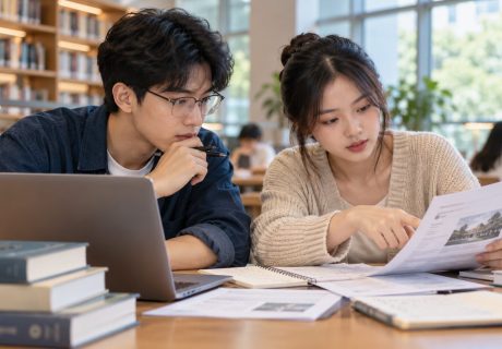 Hai sinh viên đối chiếu tài liệu và nguồn thông tin học tập, ảnh minh họa