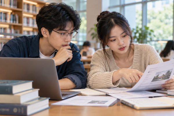 Hai sinh viên đối chiếu tài liệu và nguồn thông tin học tập, ảnh minh họa