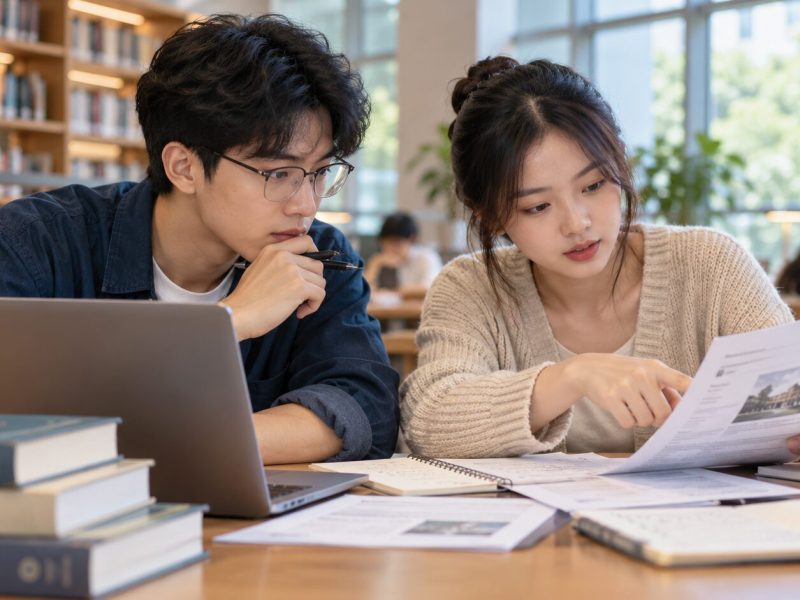 Hai sinh viên đối chiếu tài liệu và nguồn thông tin học tập, ảnh minh họa