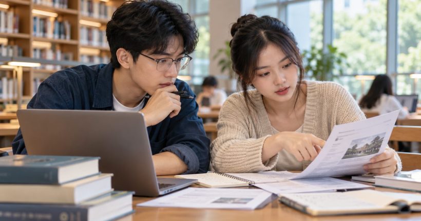 Hai sinh viên đối chiếu tài liệu và nguồn thông tin học tập, ảnh minh họa