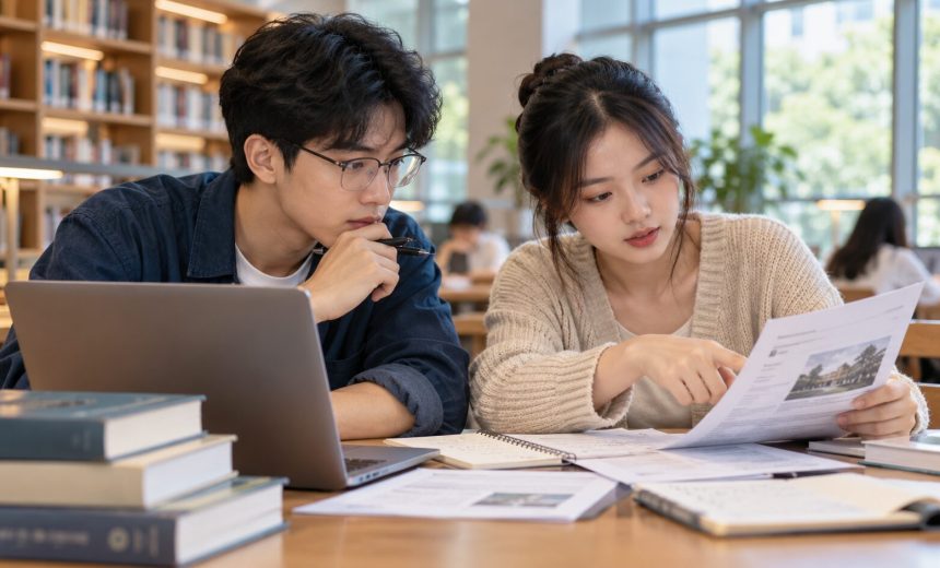 Hai sinh viên đối chiếu tài liệu và nguồn thông tin học tập, ảnh minh họa