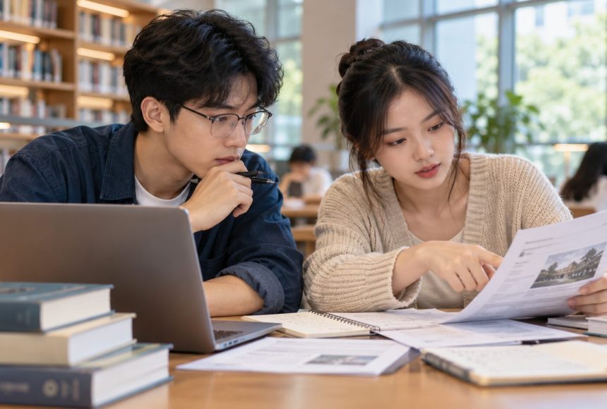 Hai sinh viên đối chiếu tài liệu và nguồn thông tin học tập, ảnh minh họa