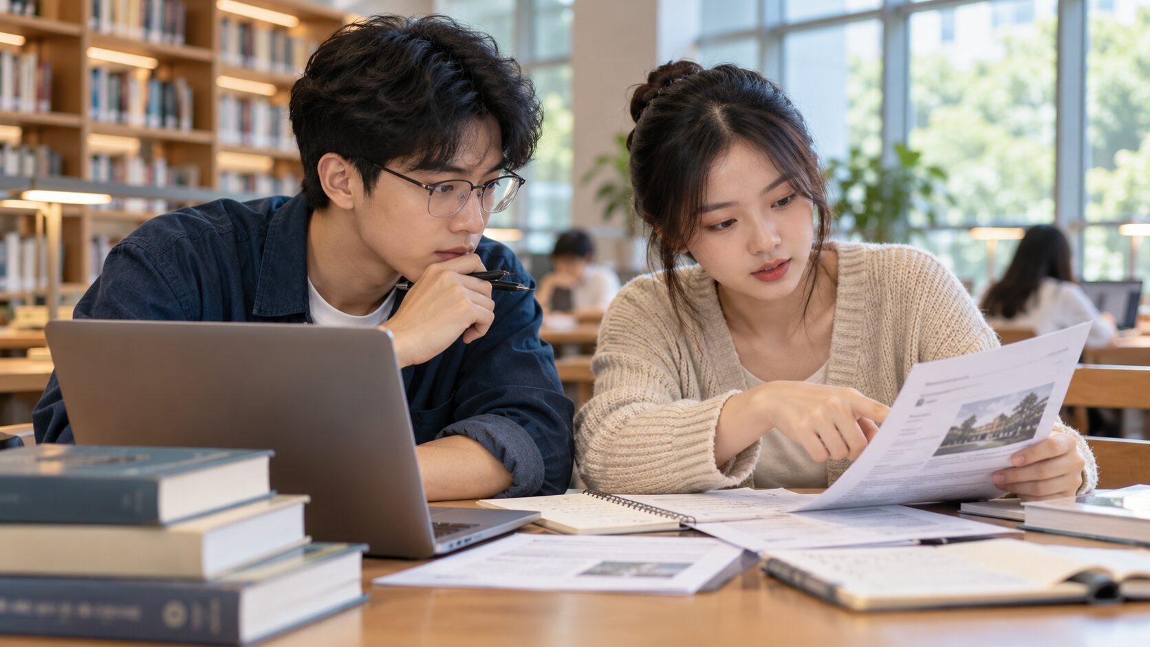 Hai sinh viên đối chiếu tài liệu và nguồn thông tin học tập, ảnh minh họa