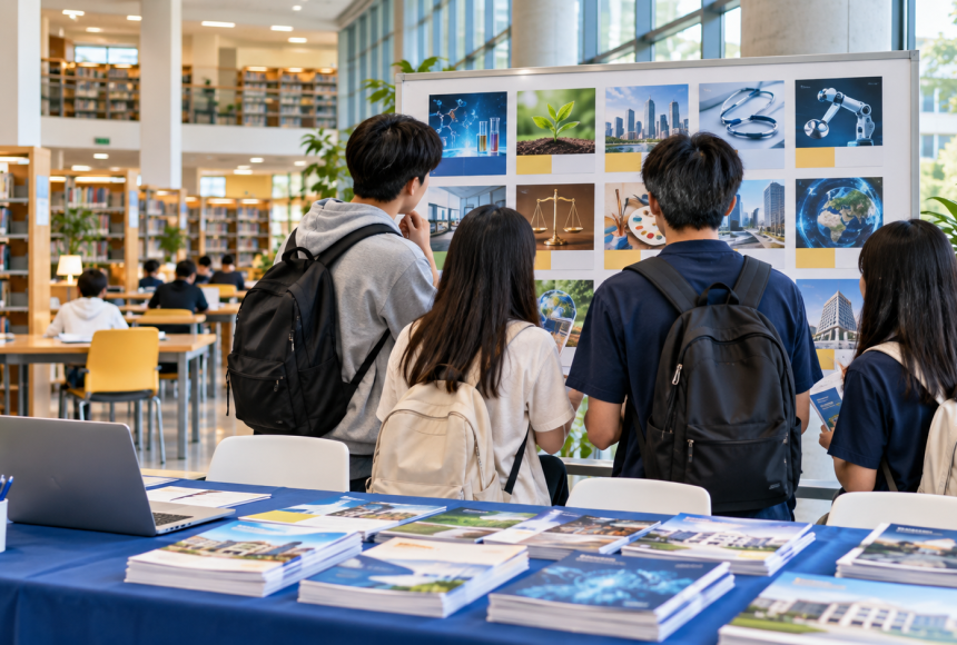 Nhóm học sinh tìm hiểu các ngành học tại bàn tư vấn tuyển sinh. Ảnh minh họa.
